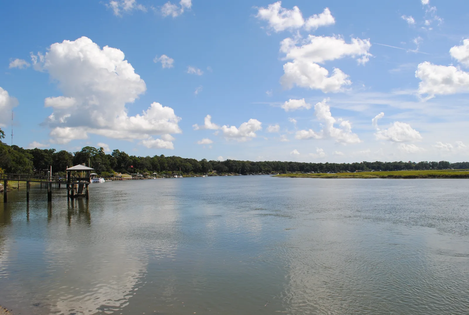 The May River looking east from the Calhoun Street Dock in Old Town Bluffton.