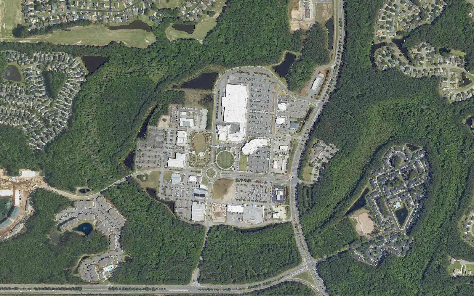 Aerial view of Buckwalter Place, the shopping and office center on Buckwalter Parkway, and the neighborhoods around it.