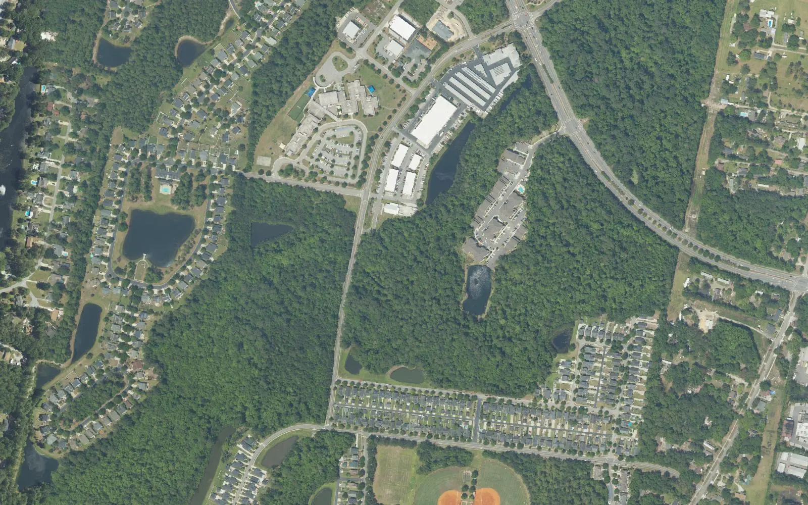 Aerial view of central Bluffton, from the Oscar Frazier Park ball fields at the bottom north toward Bluffton Parkway.