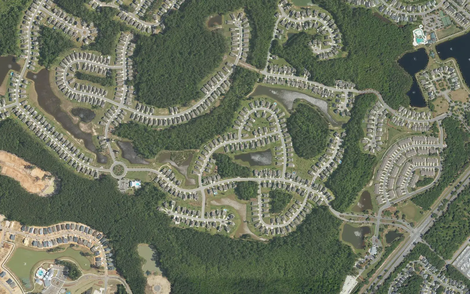 Aerial view of streets, homes and ponds in the Jones Estate planned community in west Bluffton.