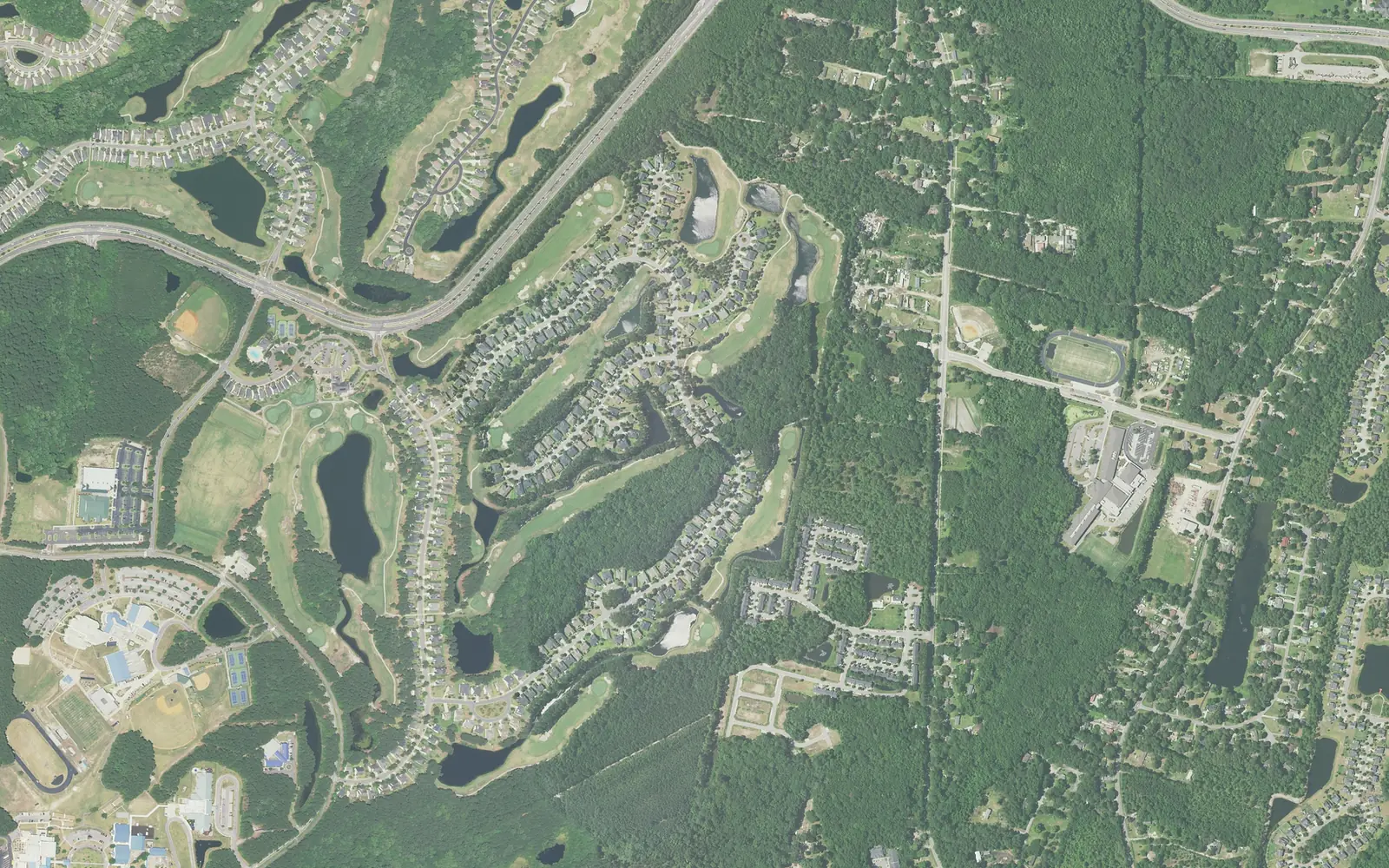 Central Bluffton from the air in 2015, with the Bluffton High campus at lower left and Bluffton Middle School, with its track, at right