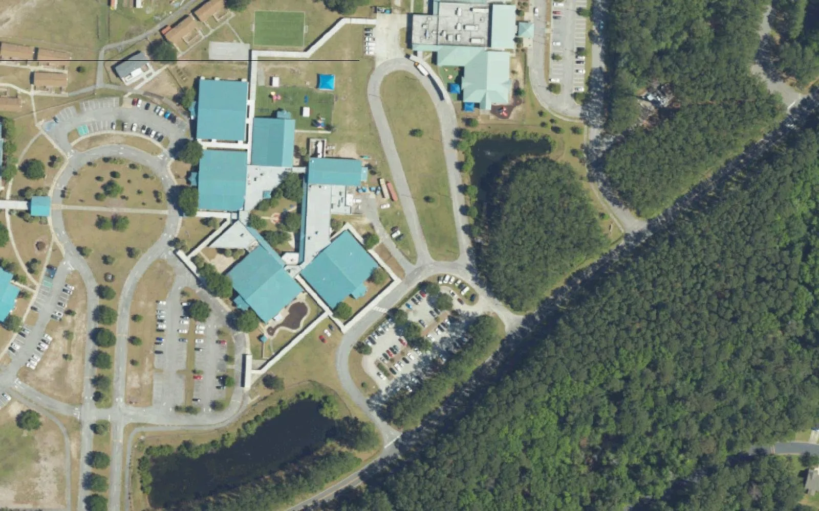Bluffton Elementary and Early Childhood Center on H. E. McCracken Circle in Bluffton, seen from the air