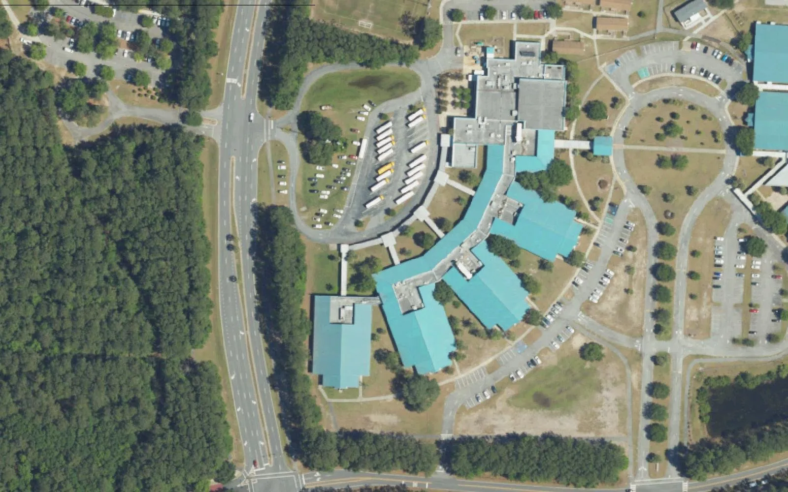 H. E. McCracken Middle's campus on H. E. McCracken Circle in Bluffton, seen from the air