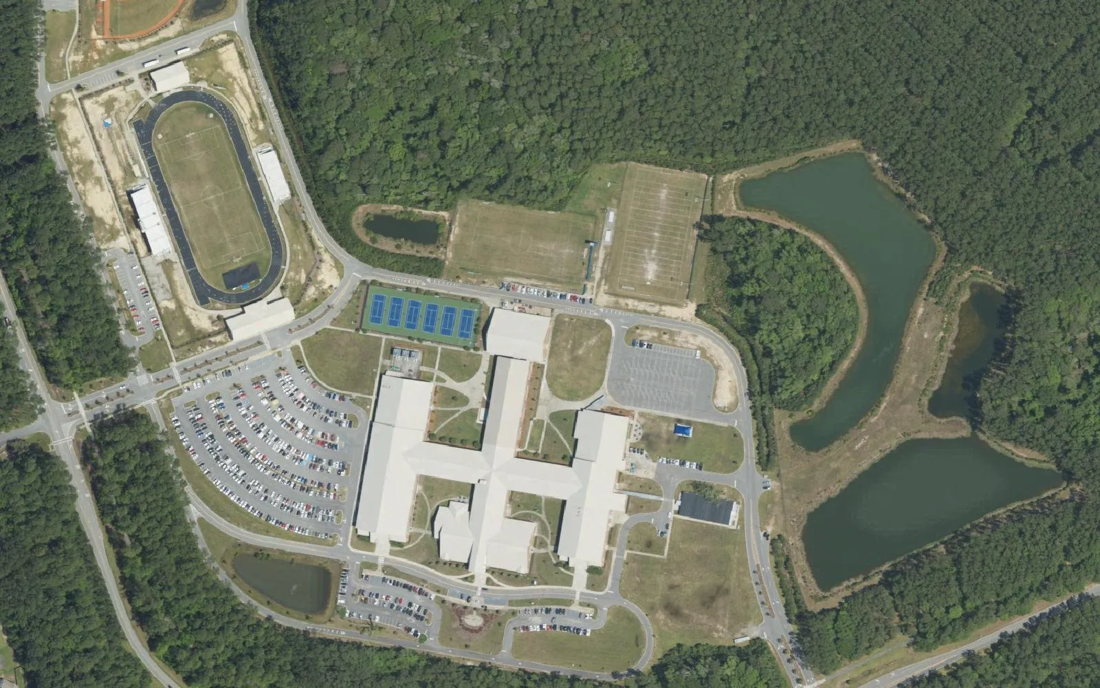 May River High's campus on New Riverside Road in Bluffton, with its stadium at top left, seen from the air