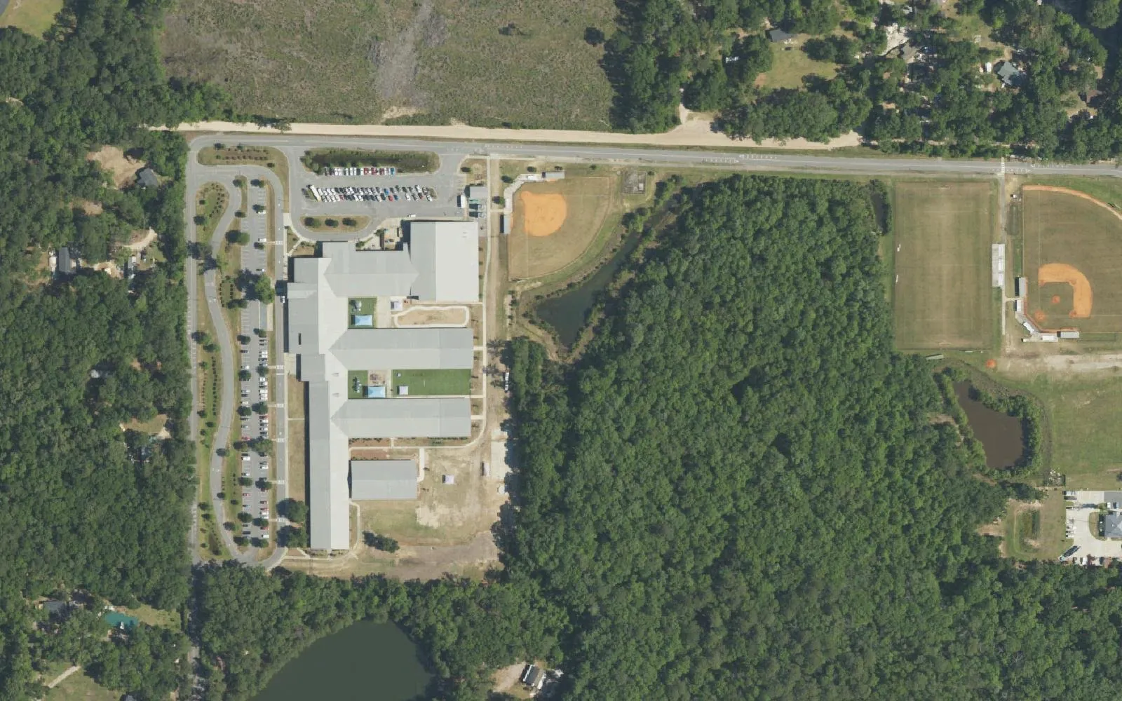 River Ridge Academy's campus on River Ridge Drive in Bluffton, with its ball fields at right, seen from the air