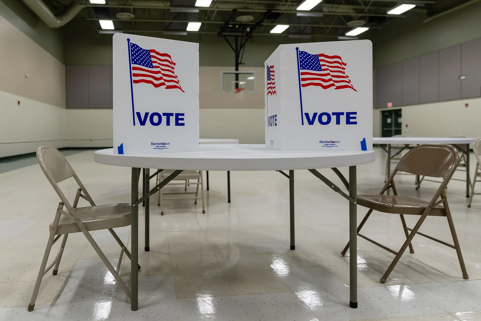 Voting booths stand ready on Election Day in a church gym used as a polling place in Grand Rapids, Minn.
