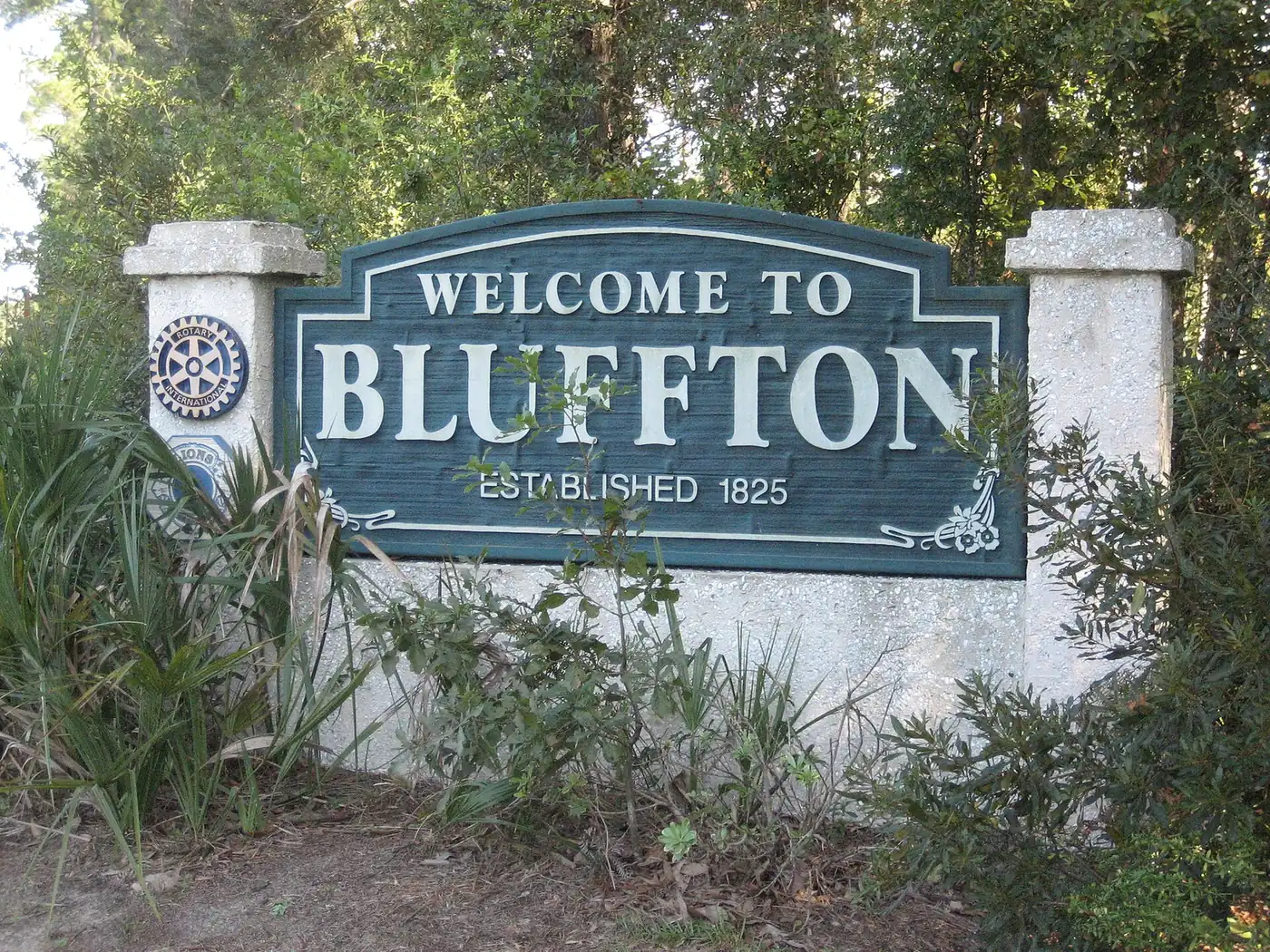 The Welcome to Bluffton sign, marked Established 1825, at the Stock Farm in Bluffton.